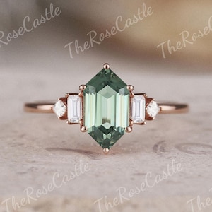 Einzigartiger Hexagon Schnitt grüner Saphir Verlobungsring Roségold Art Deco minimalist Moissanit Cluster Ring Frauen Geschenk handgemachter Schmuck Ring