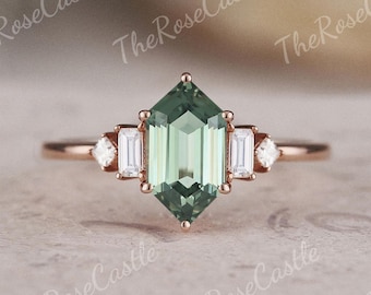 Unique hexagon cut green sapphire engagement ring rose gold art deco minimalist moissanite cluster ring women gift handmade jewelry ring