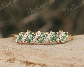 Moss agate Wedding Band Solid Gold Baguette Cut Moss Agate Rings Half Eternity Band Moss Agate Matching Rings Personalized Gift For Her