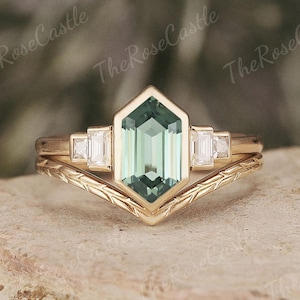 Unique Hexagon Cut Green Sapphire Engagement Ring Set Solid Gold Leaf Vine Curved Wedding Band Sapphire Promise Bridal Set Art Deco Ring Set