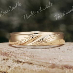 Unique Leaf Branch Wedding Band Unique Solid Gold Mens Wedding Ring Natural Inspired Wedding Ring Leaf Engrave Men Wedding Band Gift For Him