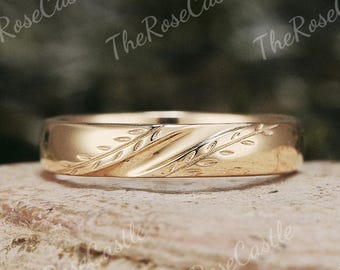 Solid Gold Leaf Branch Wedding Band, Natural Inspired Men's Ring, Gift For Him