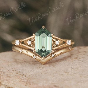Unique Green Sapphire Engagement Ring Set Moissanite Cluster Wedding Ring Solid Gold Star Design Wedding Band Hexagon Cut Promise Bridal Set