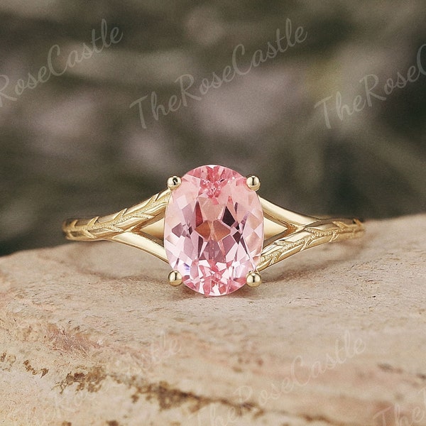 Unique Oval Shaped Pink Sapphire Engagement Ring Nature Inspired Leaf Sapphire Wedding Ring Art Deco Solid Gold Bridal Rings For Women