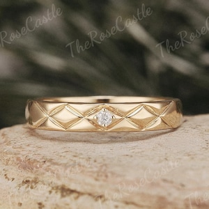 Art Deco Moissanite Mens Wedding Band Solid Gold Minimalist Wedding Ring Straight Wedding Matching Ring Anniversary Gift His and Her Ring