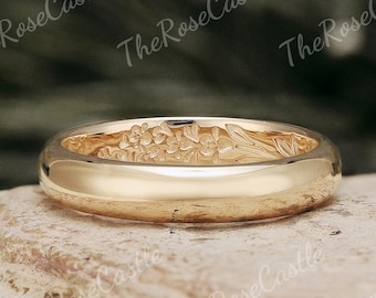 D-Shape Birth Flower Engraved Mens Wedding Band Solid Gold Nature Inspired Leaf Mens Wedding Band Minimalist Ring Stacking Ring Gift For Him