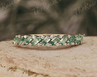 Baguette Cut Moss Agate Ring Moss agate Wedding Band Solid Gold Rings Half Eternity Band Moss Agate Matching Rings Personalized Gift For Her
