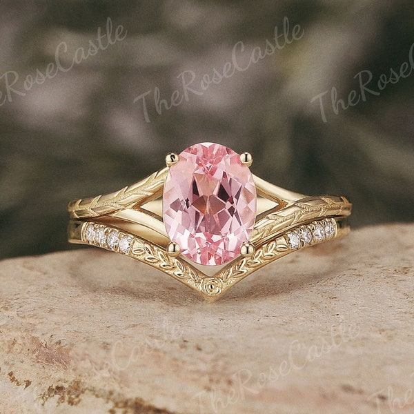 Vintage Oval Cut Pink Sapphire Engagement Ring Set Solid Gold Nature Inspired Leaf Floral Sapphire Wedding Ring Set Moissanite Cluster Ring