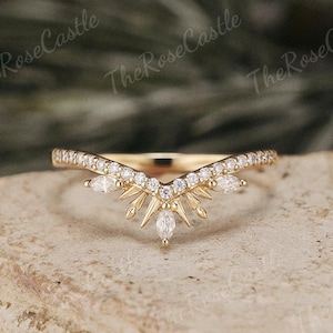 Art Deco Curved Moissanite Wedding Band Solid Gold Moissanite Stacking Matching Wedding Band Moissanite Cluster Wedding Rings For Women