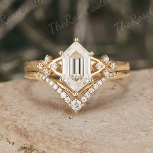 Unique Hexagon Cut Moissanite Engagement Ring Set Solid Gold Moissanite Curved Wedding Band Moissanite Promise Bridal Ring Set Gift For Her