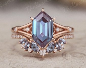 Hexagon Cut Alexandrite Engagement Ring Set, Rose Gold Art Deco Bridal Band