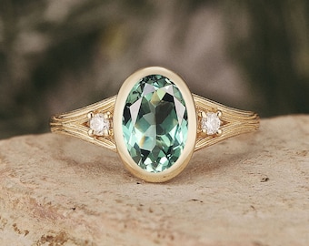 Oval Green Sapphire Engagement Ring, Nature Inspired Bezel Solid Gold Bridal Ring