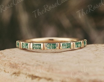 Unique Baguette Cut Moss Agate Wedding Band Solid Gold Moss Agate Wedding Ring Stacking Minimalist Rings For Women Personalized Gift