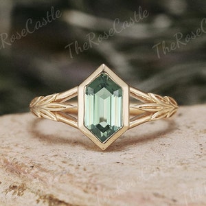 Natural Inspired Leaf Green Sapphire Engagement Ring Solid Gold Hexagon Cut Teal Sapphire Wedding Ring Promise Ring For Personalized jewelry