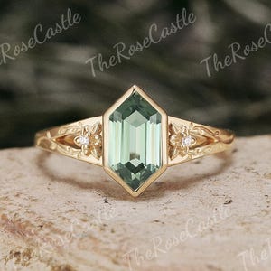 Natural Inspire Flower Green Sapphire Engagement Ring Solid Gold Ring Cluster Moissanite Hexagon Cut Teal Sapphire Wedding Ring Promise Ring
