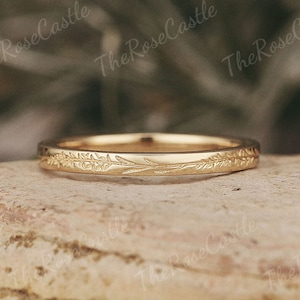 2MM Nature Inspired Leaf Wedding Band Custom Vintage Yellow Gold Mens Wedding Band Stacking Matching Ring Handmake Anniversary Rings For Men