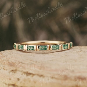 Unique Baguette Cut Moss Agate Wedding Band Solid Gold Moss Agate Wedding Ring Stacking Minimalist Rings For Women Personalized Gift