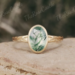 Unique Moss Agate Ring Nature Inspired Leaf Moss Agate Engagement Ring Solid Gold Leaf Oval Cut Moss Agate Wedding Rings For Women