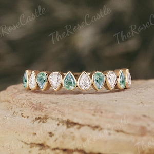 Unique Moss Agate Ring Solid Gold Moss Agate Wedding Band Moissanite Stacking Wedding Band Straight Custom Promise Rings For Women