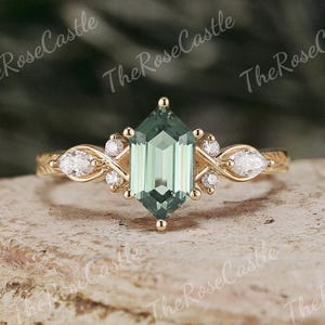 Hexagon Shape Green Sapphire Engagement Ring Solid Gold Leaf Engraving Teal Sapphire Ring Nature Inspired Leaf Wedding Rings For Women