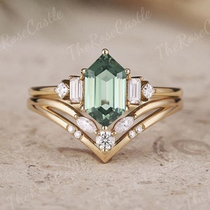 Hexagon Cut Green Sapphire Engagement Ring Set  Unique Yellow Gold Moissanite Curved Wedding Band Stacking Matching Promise Bridal Ring Set
