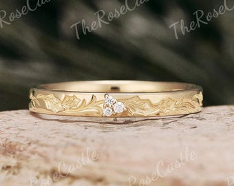 2.5MM Holly Leaves Engraved Wedding Band Solid Gold Nature Inspired December Birth Flower Ring Stacking Handmake Rings For Christmas Gift