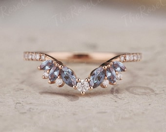 Marquise Alexandrite Wedding Band Rose Gold, Diamond Moissanite Curved Ring