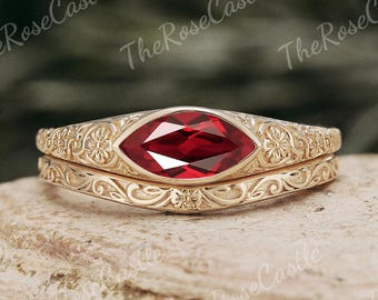 Vintage Ruby Engagement Ring Set Solid Gold Vintage Patterned Marquise Cut Ruby Wedding Ring Set Handmade Ruby Promise Bridal Ring Set