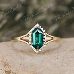 Unique Hexagon Cut Emerald Engagement Ring Rose Gold Moissanite Cluster Wedding Ring Anniversary Promise Rings For Women Handmade Jewelry
