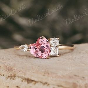 Unique Heart Shape Pink Sapphire Engagement Ring Solid Gold Moissanite Cluster Wedding Ring Peach Sapphire Personalized Rings For Women