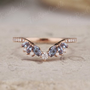 Marquise Alexandrite Wedding Band Rose Gold Unique Diamond Moissanite Matching Rings Curved Ring Custom Ring Personalized Gift For Her
