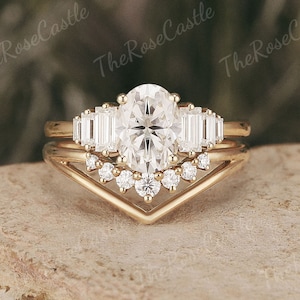 Unique Oval Cut Moissanite Engagement Ring Set Solid Gold Moissanite Curved Wedding Band Art Deco Moissanite Wedding Ring Set Gift For Her