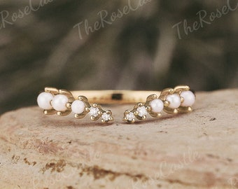 Unique Open Pearl Wedding band Vintage Solid Gold Moissanite Curved Wedding Band Women Pearl Stacking Open Wedding Band Gift for Her