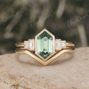 Green Sapphire Engagement Ring Set Solid Gold Bezel Hexagon Cut Sapphire Wedding Ring Set Curved Wedding Band Teal Sapphire Bridal Ring Set
