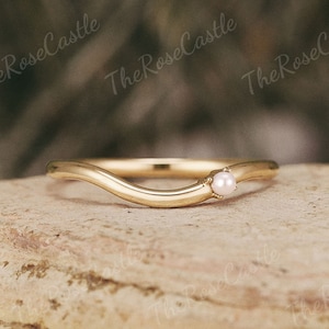 Unique Pearl Wedding band Solid Gold Pearl Curved Wedding Band Women Pearl Stacking Matching Wedding Band Personalized  Gift for Her