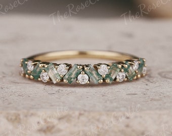 Einzigartiger Moosachat Ring Moosachat Ehering Goldringe Art Deco Eternity Band Moosachat Passende Ringe personalisiertes Geschenk für sie
