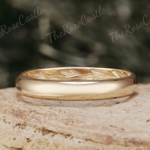 D-Shape Leaf Engraved Mens Wedding Band Solid Gold Nature Inspired Leaf Branch Mens Wedding Band Minimalist Ring Stacking Ring Gift For Him