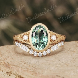 Nature Inspired Green Sapphire Engagement Ring Set Solid Gold Moissanite Curved Wedding Band Bezel Oval Shaped Teal Sapphire Ring Set