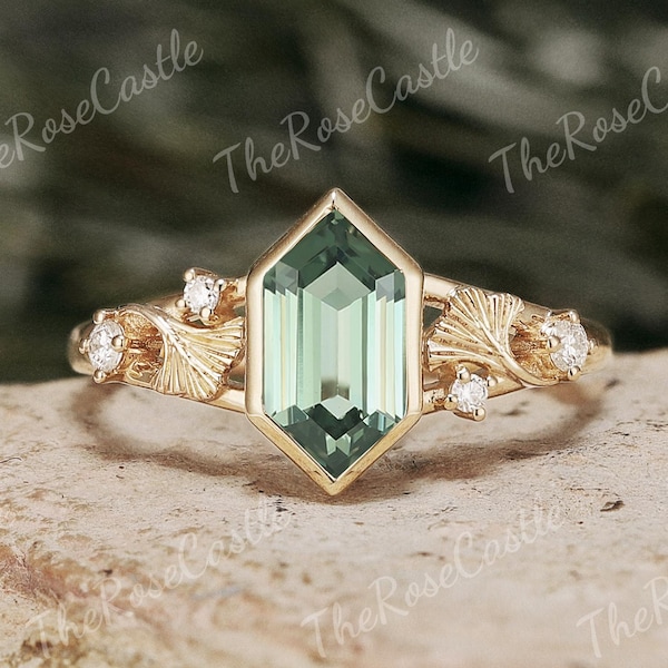 Ginkgo Leaf Green Sapphire Engagement Ring, Solid Gold Flower Teal Wedding Ring