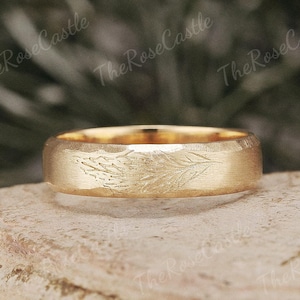 Nature Inspired Leaf Mens Wedding Band Handmade Textured Ring Solid Gold Mens Wedding Ring Minimalist Ring Stacking Ring Gift For Him