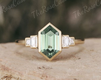 Unique Hexagon Cut Bezel Green Sapphire Engagement Ring Yellow Gold Moissanite Wedding Ring Bezel Teal Sapphire Gemstone Rings For Women
