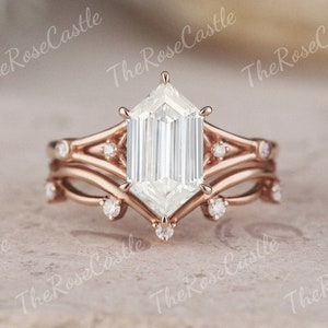 Unique hexagon cut moissanite engagement ring set rose gold Art deco moissanite stacking ring curved wedding band vintage bridal set for her