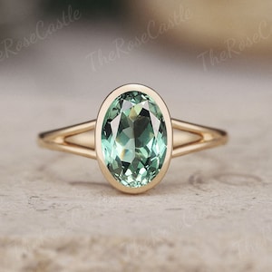 Oval Cut Green Sapphire Engagement Ring Unique Sapphire Ring Bezel Gold Rings Solitaire Wedding Ring Art Deco Minimalist Ring Promise Gifts