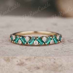 Unique Emerald Wedding Band Baguette emerald ring moissanite half eternity yellow gold stacking ring graduation gift green gemstone ring