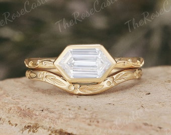 Hexagon Moissanite Engagement Ring Set Solid Gold Leaf Vine Wedding Band