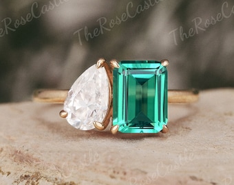 Unique Toi et Moi Emerald Cut Emerald Engagement Ring Rose Gold Two Stone Promise Ring Moissanite Wedding Ring Promise Rings For Women