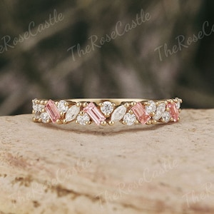 Art Deco Pink Sapphire Ring Sapphire Wedding Band Solid Gold Rings Half Eternity Band Pink Sapphire Matching Rings Personalized Gift For Her