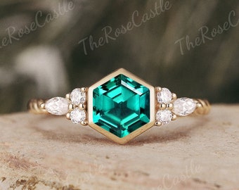 Bezel Set Emerald Engagement Ring Solid Gold Twist Moissanite Wedding Ring Antique Hexagon Cut Emerald Promise Bridal Ring Gift For Her