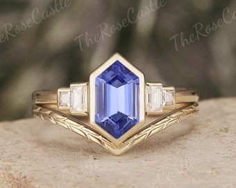 Unique Hexagon Cut Sapphire Engagement Ring Set Solid Gold Leaf Vine Curved Wedding Band Sapphire Promise Bridal Set Art Deco Ring Set