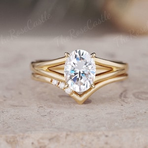 Unique oval moissanite engagement ring set yellow gold bridal set vintage wedding set moissanite stacking ring art deco women promise rings